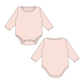 Long Sleeve baby romper Overall technical fashion flat sketch drawing vector illustration template front and back view. Apparel Clothes design Purple color Mock up for baby girl. Kids Dress Design