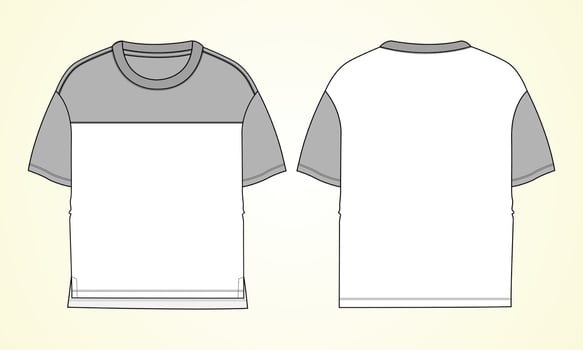 Two tone color Short sleeve Basic T-shirt overall technical fashion flat sketch vector Illustration template front and back views. Basic apparel Design Mock up for Kids, boys