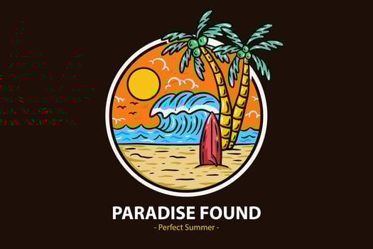 Summer Time Badges with Sunset and Wave Coconut Tree and Surf Beach paradise island heaven vector