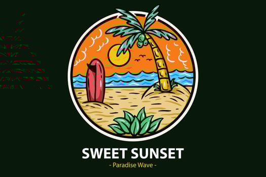Summer Time Badges with Sunset and Wave Coconut Tree and Surf Beach paradise island heaven vector