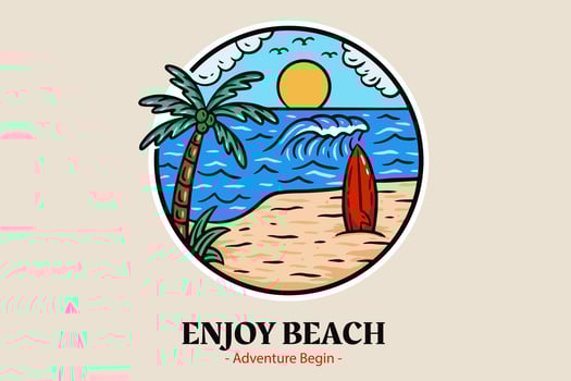 Summer Time Badges with Sunset and Wave Coconut Tree and Surf Beach paradise island heaven vector