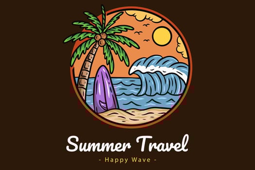 Summer Time Badges with Sunset and Wave Coconut Tree and Surf Beach paradise island heaven vector