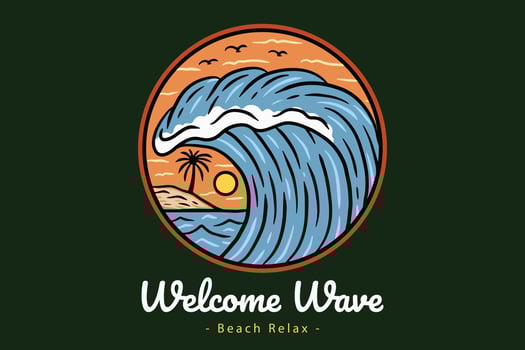 Summer Time Badges with Sunset and Wave Coconut Tree and Surf Beach paradise island heaven vector