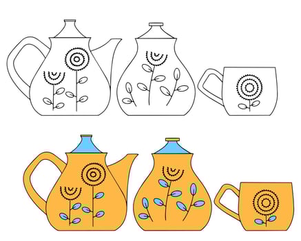 Set of ceramic dishes teapot, sugar bowl and cup. Color and linear drawing vector