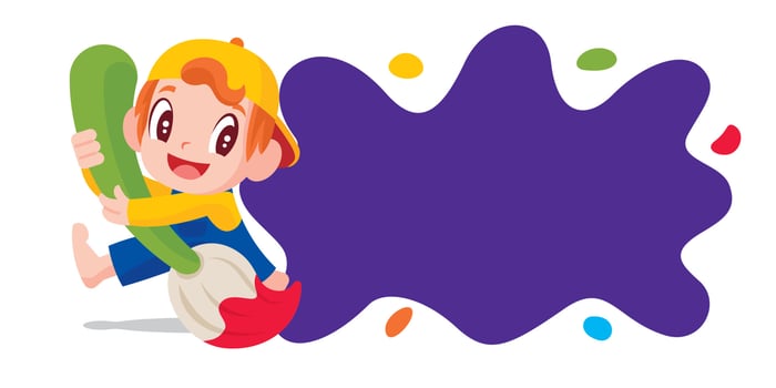 Happy cute little kid boy holding big art brush with paint splash as empty space on wall vector