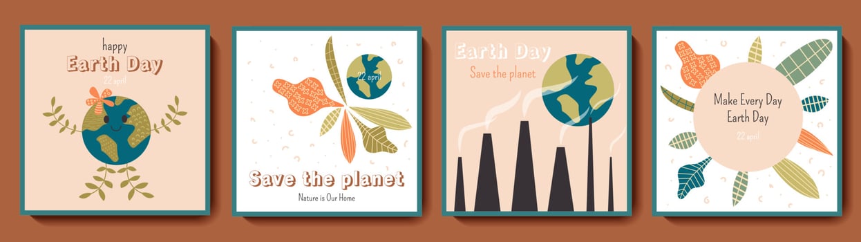 Happy Mother Earth Day greeting square card set. Ecology and environment protection backgrounds with planet, leaves, smoking pipes. Color vector templates for social media post, flyer, postcard design