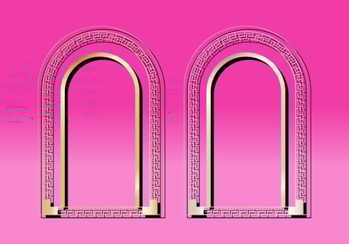 Arabic golden arch on a Islamic pattern background. Vector illustration.
