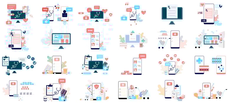 Set of modern flat design of online health care, online medical healthcare consultation, tele medicine, online pharmacy, online prescription, ask doctor, internet clinic via mobile phone or computer. vector