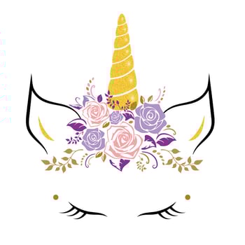 Cute unicorn face with a flower on purple and pink colors vector