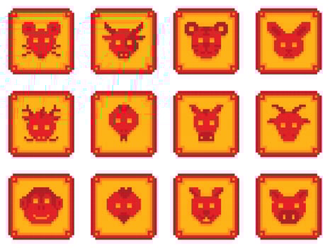 12 shio chinese zodiac sign emblem set pixel art animal head vector illustration