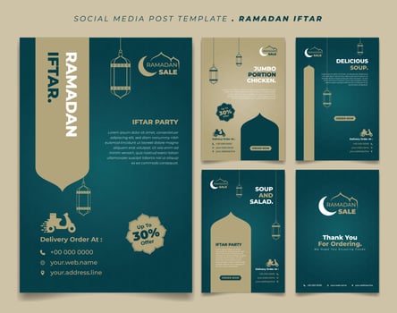 Set social media post template in Green and brown islamic background design. Iftar mean is breakfasting and marhaban mean is welcome. vector
