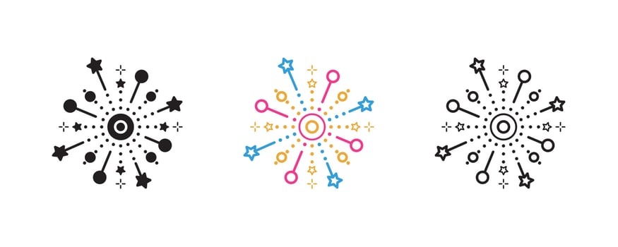 Festive fireworks icon set. Explosion carnival line icon. Festival and event icon set. Silhouette, colorful and linear set. vector