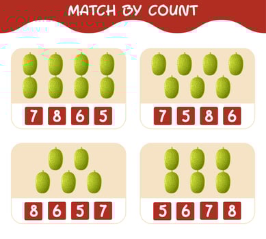 Match by count of cartoon jackfruits. Match and count game. Educational game for pre shool years kids and toddlers vector