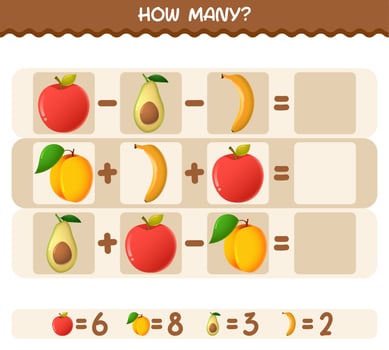 How many cartoon fruits. Counting game. Educational game for pre shool years kids and toddlers vector