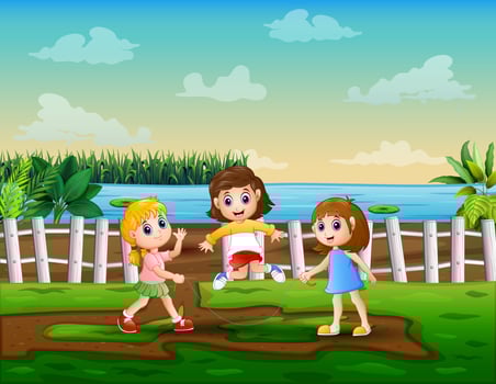 Cheerful the children playing jump rope at nature vector