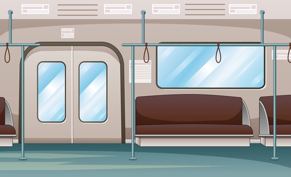 Subway train car inside with seats row and handrail vector