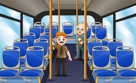 Two men go to work by bus vector