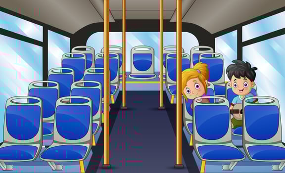 Cartoon teenage boy and girl singing inside the bus vector