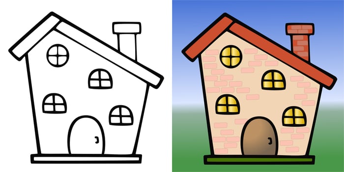 A set of illustrations, color and monochrome image of a cartoon house vector