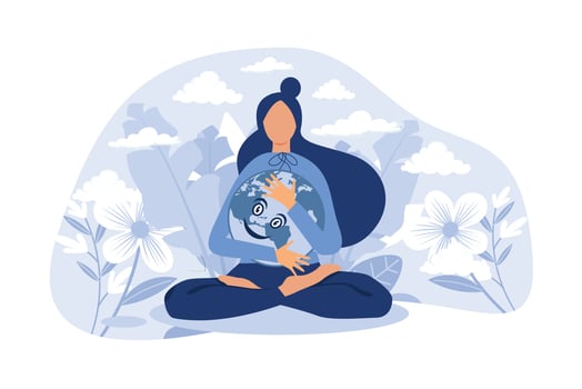 Mother earth as environmental ecological and green planet flat person concept. Nature biodiversity conservation as care with protection or preservation vector illustration. Ecosystem climate awareness