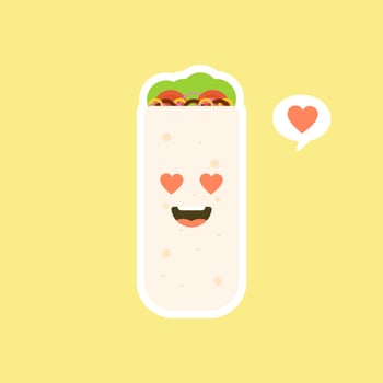 Cute and kawaii funny smiling happy burrito. Mexican food flat design vector illustration. Traditional Mexican meal, fast food. Bright and positive clipart, composition.
