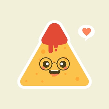 Funny characters Nachos with tomato salsa sauce. Nice mexican food. Vector illustration