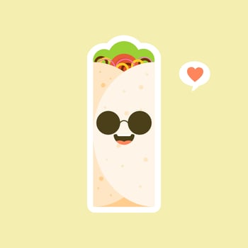 Shawarma character. Buritto. Fast food cartoon. Vector chicken, vegetables roll, meal. Doner gebab, shawarma flat cartoon illustration.. Arabic, eastern food, Burittos, mexican food