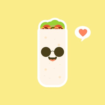 Cute and kawaii funny smiling happy burrito. Mexican food flat design vector illustration. Traditional Mexican meal, fast food. Bright and positive clipart, composition.