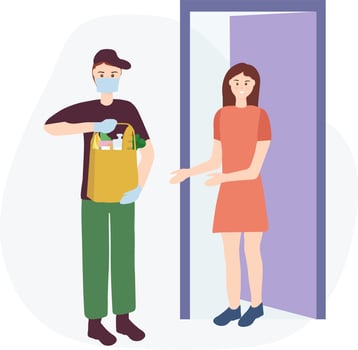 The concept of safe home delivery. Courier holds a bag of food, hands the customer fast food. Man in a mask and glove, protection from viruses. Online grocery store. vector