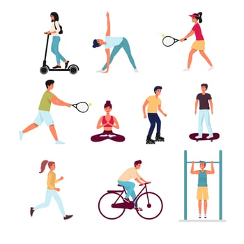 set of options isolated on white. girl, guy ride scooter, skateboard, do exercises, run, bike, play tennis, pull up on horizontal bar. Vector illustration