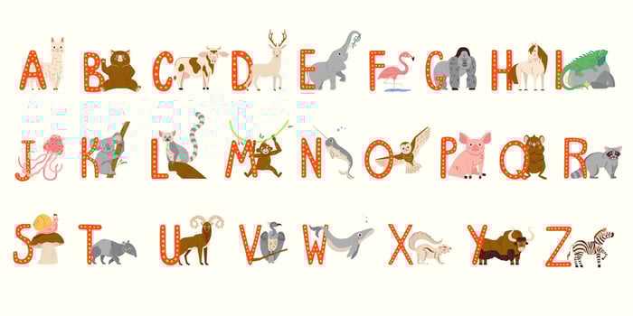 Cute Animals alphabet for kids education. Childish vector font for kids ABC book with hand drawn animal characters