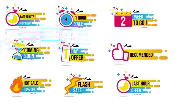 Badge labels set with icons, calendar, countdown set with clock, alarm, hourglass. 1 day sale, 1 week left, last payment offer, stickers. Vector sale countdown sign on white background