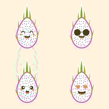 Cartoon cute dragon fruit character in kawaii style. S Design for t shirts, stickers, posters, cards etc. Vector illustration on color background