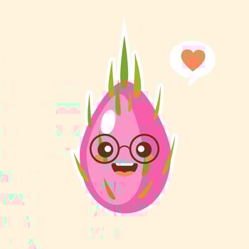 Cartoon cute dragon fruit character in kawaii style. S Design for t shirts, stickers, posters, cards etc. Vector illustration on color background