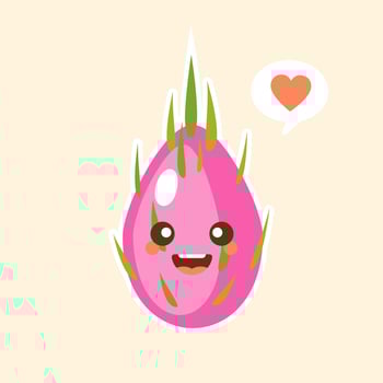Cartoon cute dragon fruit character in kawaii style. S Design for t shirts, stickers, posters, cards etc. Vector illustration on color background