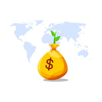 dollar bag with plant growing on world map background. Growing investment concept. vector