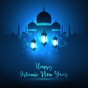 Happy islamic new year with silhouette mosque and blue shiny lantern vector