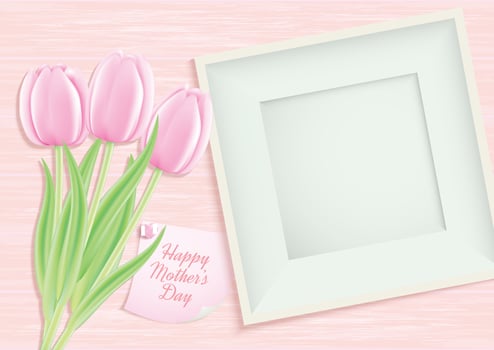 Happy Mother's Day, Mother's Day concept. top view flat lay photo frame and Tulip flowers Holiday background, greeting card vector