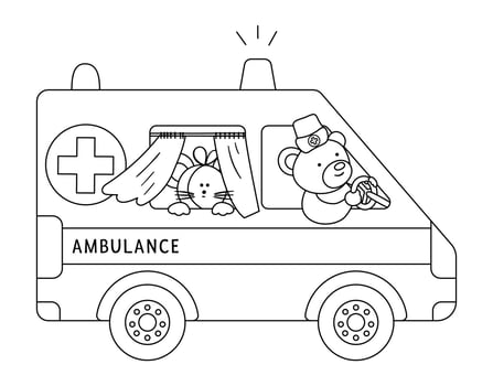 Vector outline ambulance with cute animals inside. Bear doctor driving emergency car with ill mouse. Funny special medical transport coloring page for kids.