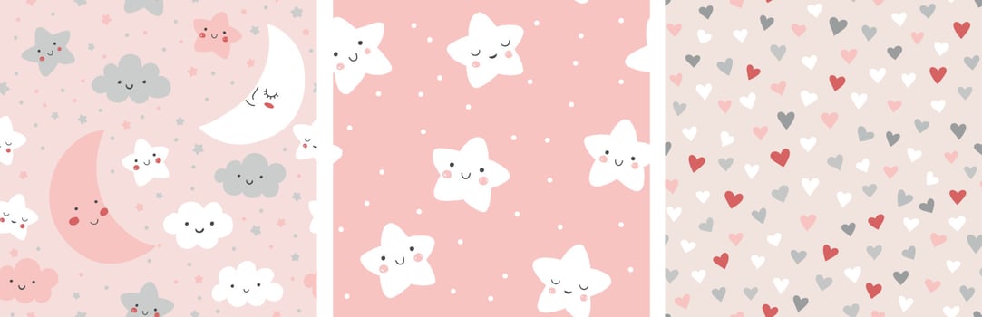 Cute night sky pattern set. Seamless vector design with smiling, sleeping moon, hearts, stars and clouds. Baby girl illustration.