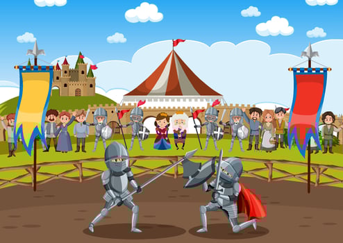 Two medieval knights fighting together vector