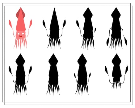 Puzzle game for kids find the right shadow. Choose a shade for the sea creatures, cartoon squid. vector