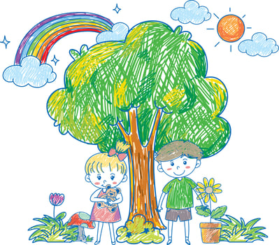 Coloured hand drawn tree and kids vector