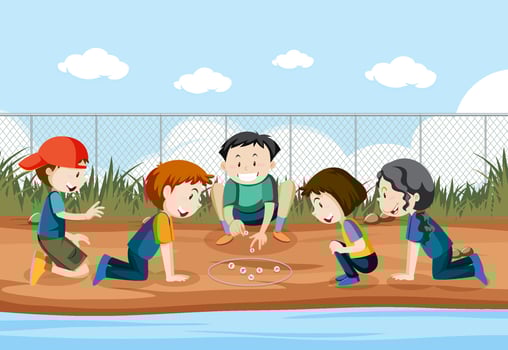 Outdoor park with children playing marbles vector