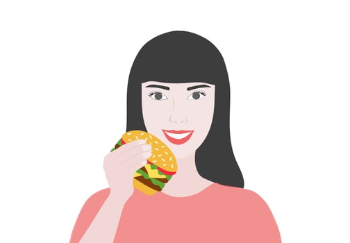 Woman holding hamburger isolated vector illustration
