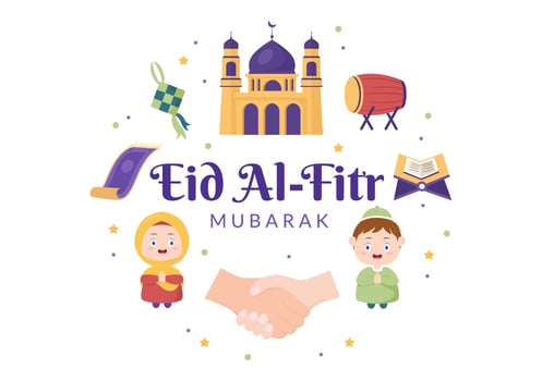 Happy Eid ul-Fitr Mubarak Cartoon Background Illustration with Pictures of Mosques, Ketupat, Bedug, and Others Suitable for Posters vector