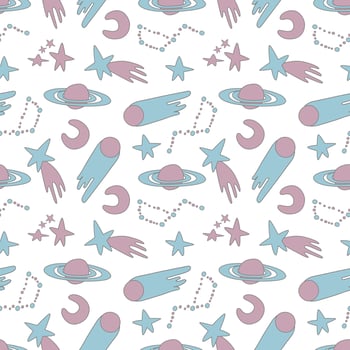 Galaxy cosmic seamless pattern with planets, stars and comets. Childish vector hand drawn cartoon illustration in simple sticker style