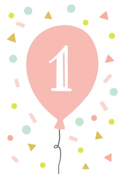 First birthday greeting card design with balloon and confetti. Vector illustration for party invitation. Kids birthday.