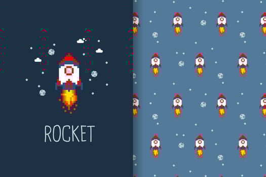 pattern with rocket pixel art vector