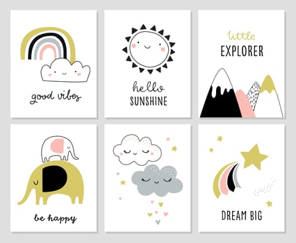 Cute baby cards or nursery posters with animals, icons and quotes. Rainbow, elephant, sun, clouds, Hand drawn vector illustration for prints, cards, apparel.